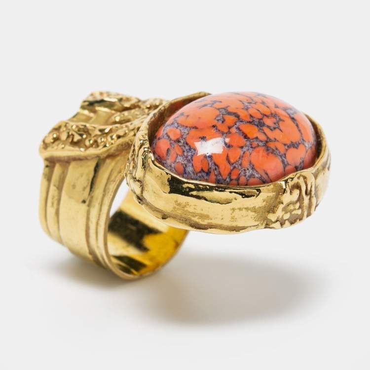 Pre Owned Yves Saint Laurent Arty Coral Glass Cabochon Gold Tone Ring Size 55