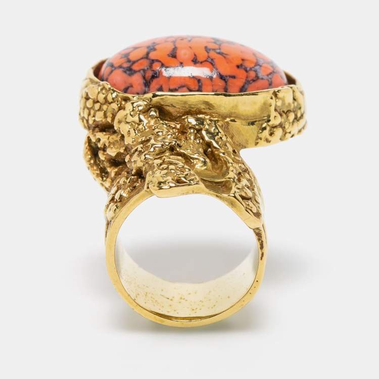 Pre Owned Yves Saint Laurent Arty Coral Glass Cabochon Gold Tone Ring Size 55