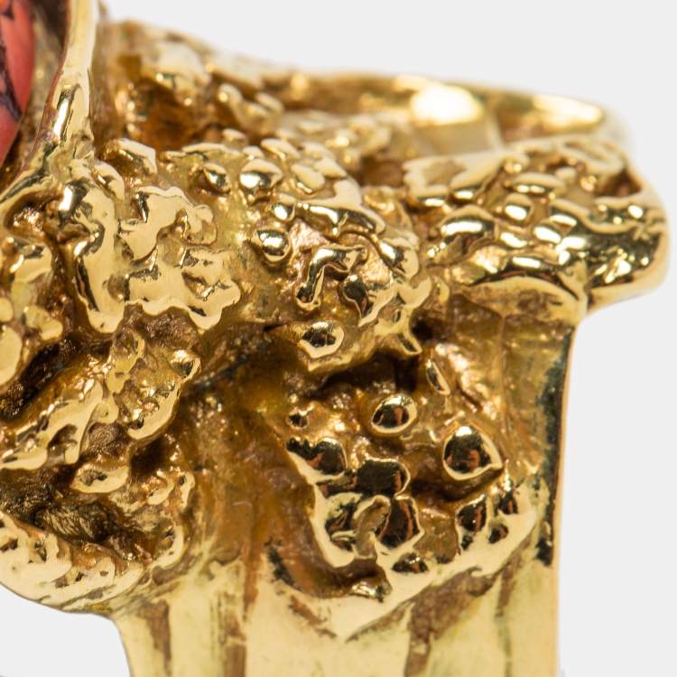 Pre Owned Yves Saint Laurent Arty Coral Glass Cabochon Gold Tone Ring Size 55