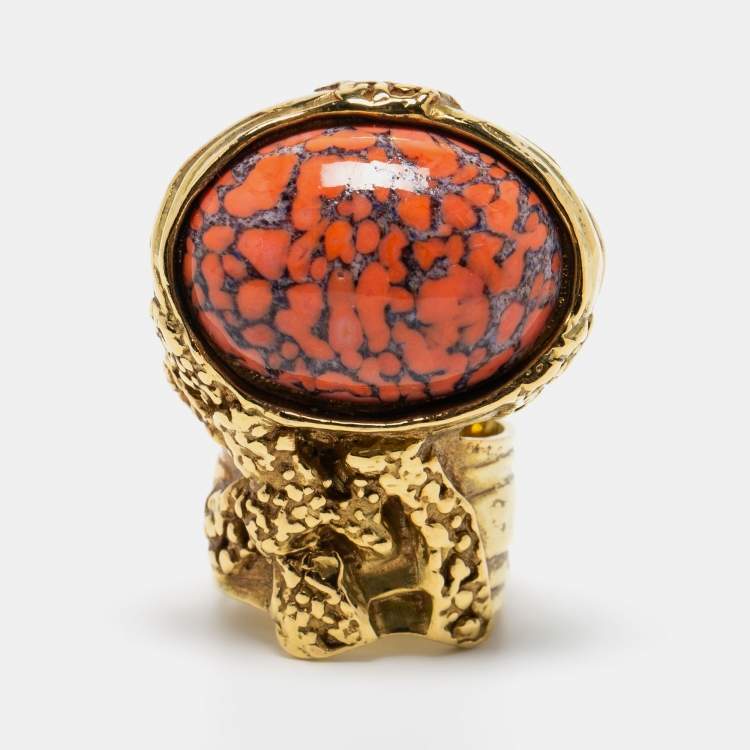 Pre Owned Yves Saint Laurent Arty Coral Glass Cabochon Gold Tone Ring Size 55