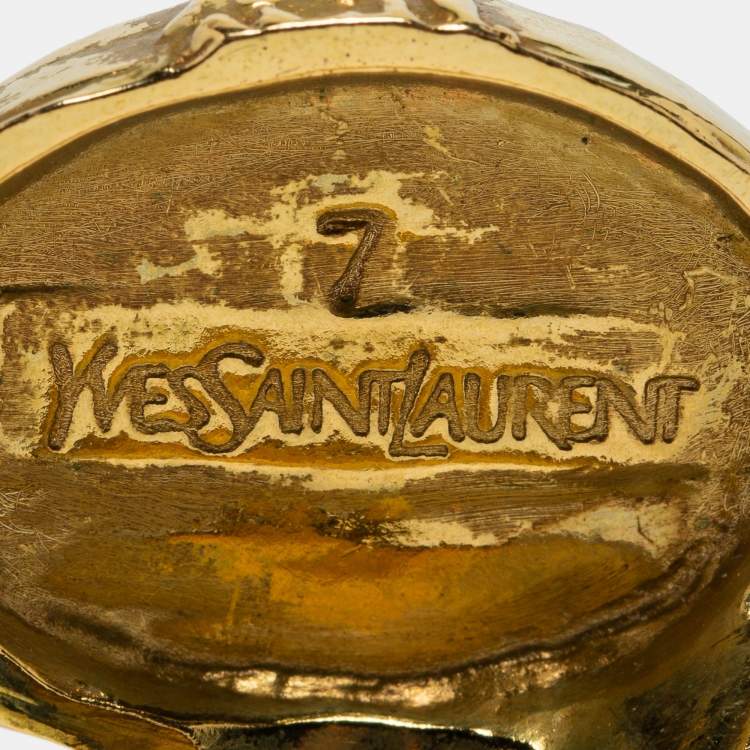 Pre Owned Yves Saint Laurent Arty Coral Glass Cabochon Gold Tone Ring Size 55