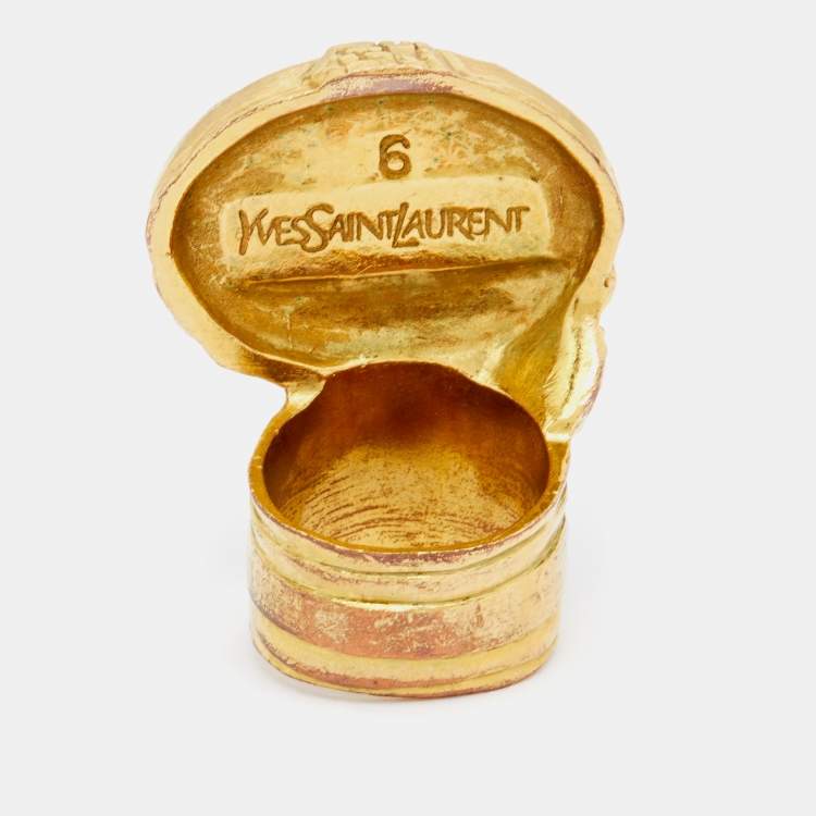 Pre Owned Saint Laurent Arty Turquoise Glass Cabochon Gold Tone Ring Size 52.5