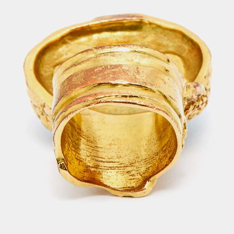 Pre Owned Saint Laurent Arty Turquoise Glass Cabochon Gold Tone Ring Size 52.5