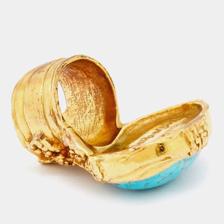 Pre Owned Saint Laurent Arty Turquoise Glass Cabochon Gold Tone Ring Size 52.5