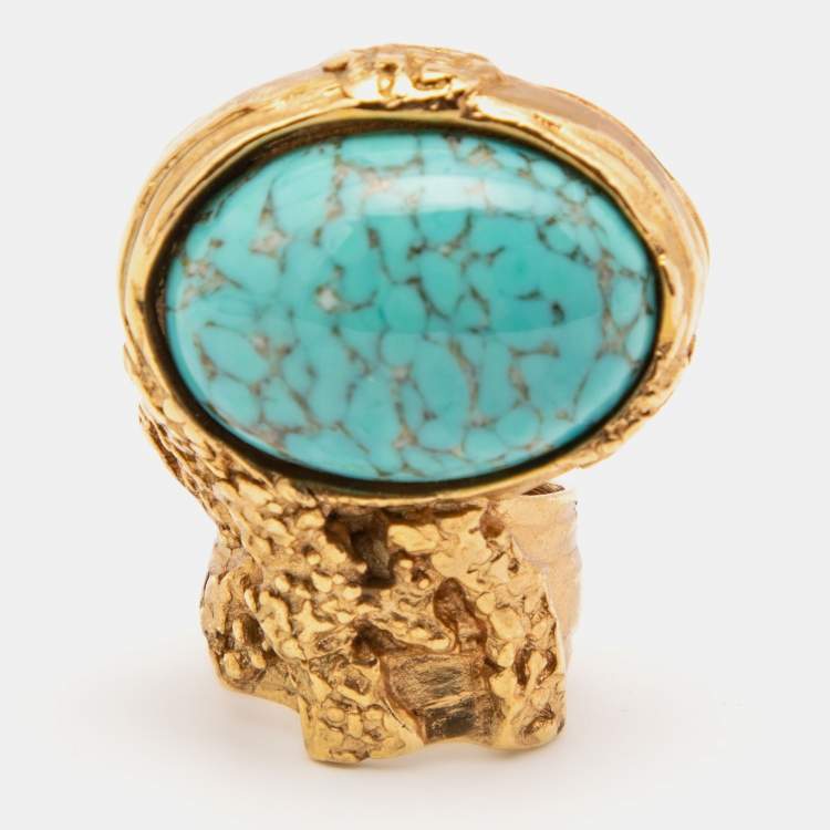 Pre Owned Yves Saint Laurent Gold Tone Glass Cabochon Arty Ring Size EU 52