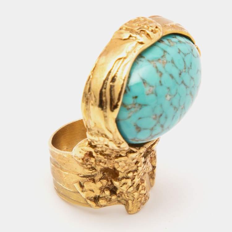Pre Owned Yves Saint Laurent Gold Tone Glass Cabochon Arty Ring Size EU 52