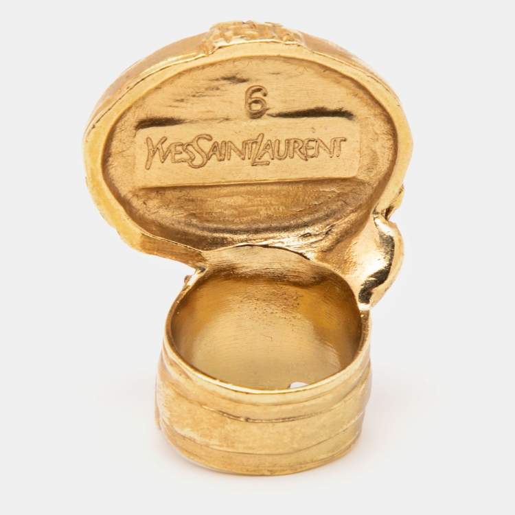 Pre Owned Yves Saint Laurent Gold Tone Glass Cabochon Arty Ring Size EU 52