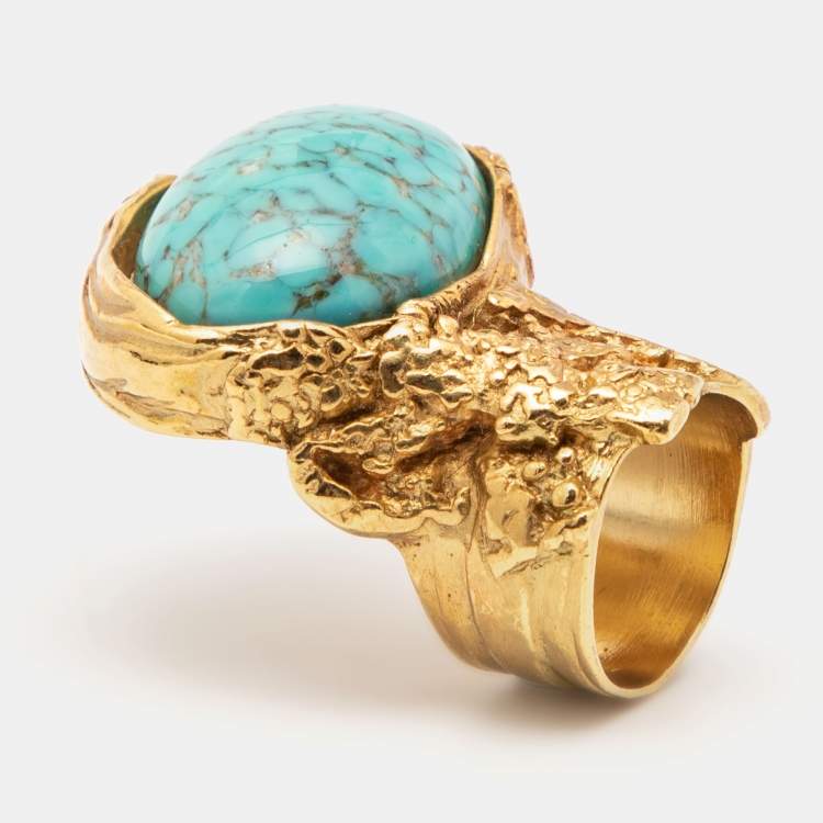 Pre Owned Yves Saint Laurent Gold Tone Glass Cabochon Arty Ring Size EU 52