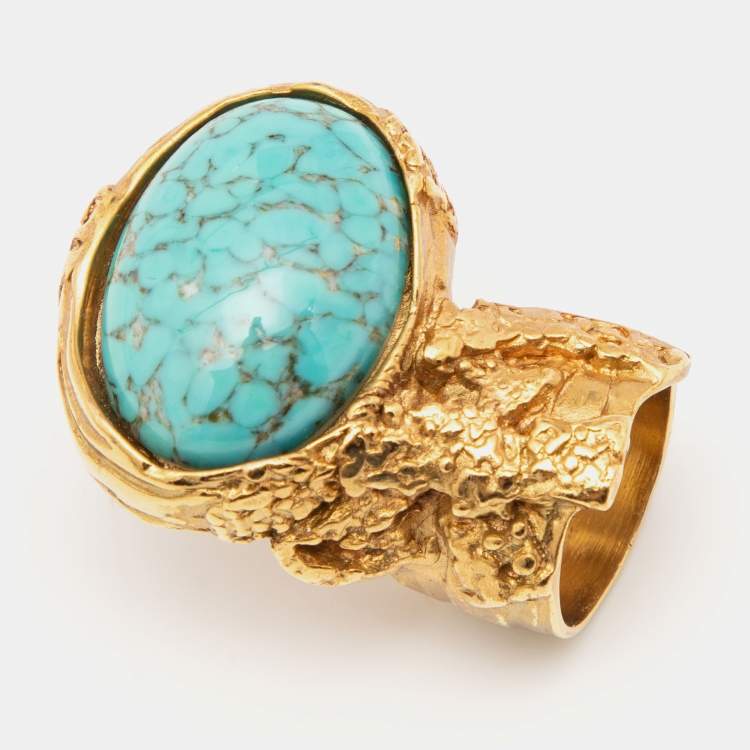 Pre Owned Yves Saint Laurent Gold Tone Glass Cabochon Arty Ring Size EU 52