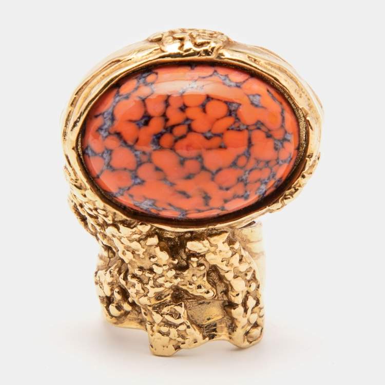 Pre Owned Yves Saint Laurent Gold Tone Coral Cabochon Arty Ring Size EU 52