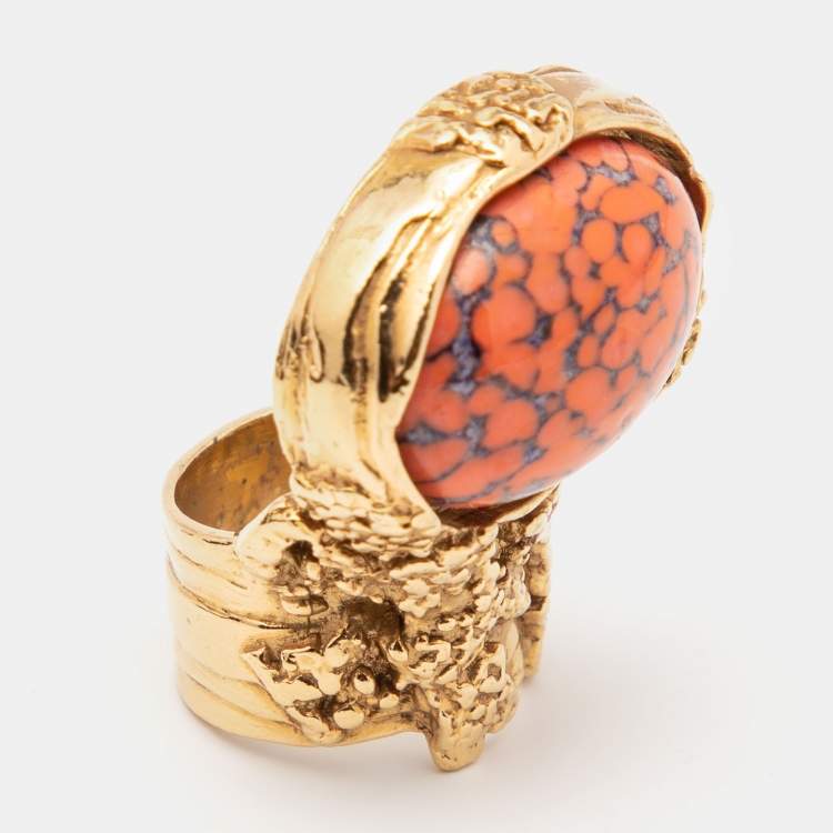 Pre Owned Yves Saint Laurent Gold Tone Coral Cabochon Arty Ring Size EU 52