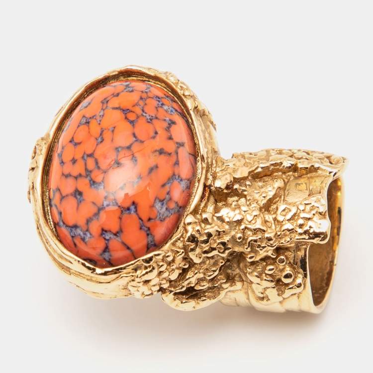 Pre Owned Yves Saint Laurent Gold Tone Coral Cabochon Arty Ring Size EU 52
