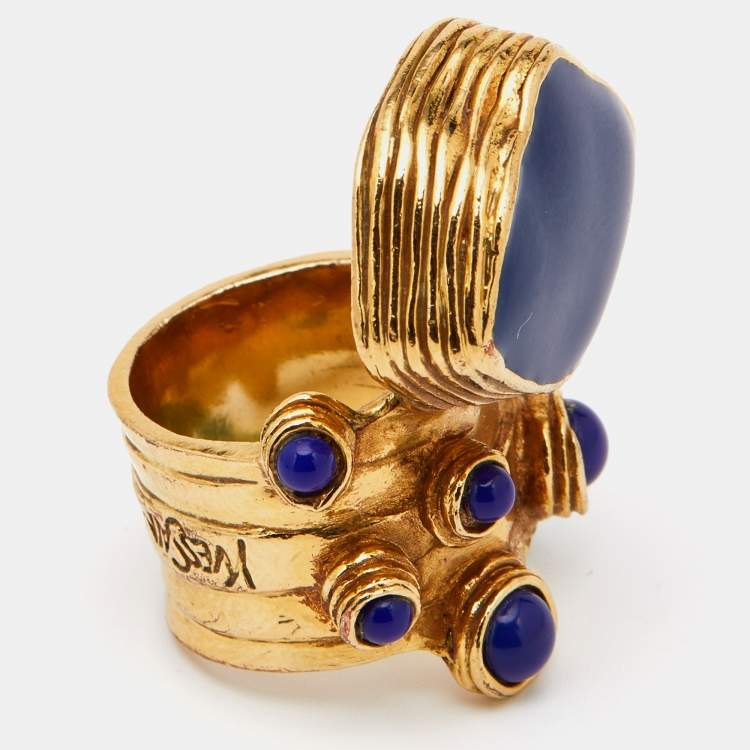 Pre Owned Yves Saint Laurent Arty Blue Cabochon & Enamel Gold Tone Ring Size 52
