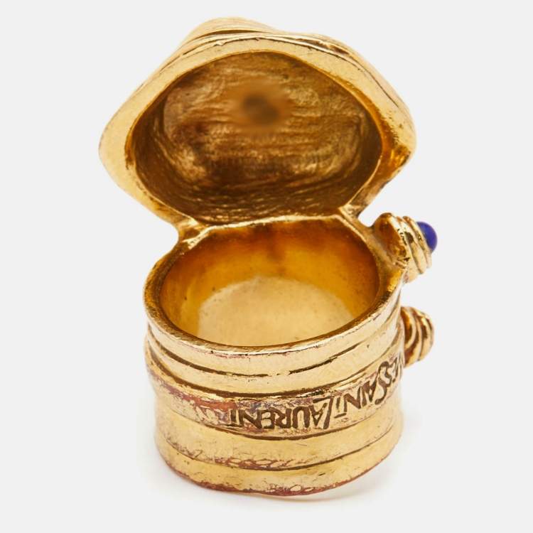 Pre Owned Yves Saint Laurent Arty Blue Cabochon & Enamel Gold Tone Ring Size 52
