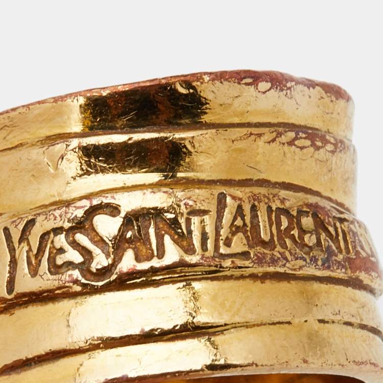 Pre Owned Yves Saint Laurent Arty Blue Cabochon & Enamel Gold Tone Ring Size 52