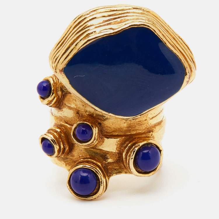 Pre Owned Yves Saint Laurent Arty Blue Cabochon & Enamel Gold Tone Ring Size 52