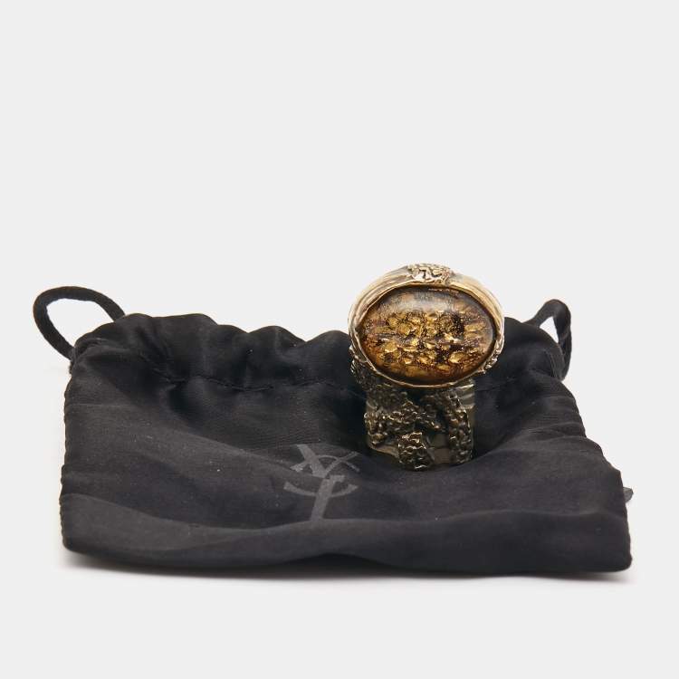 Pre Owned Yves Saint Laurent Arty Glass Cabochon Gold Tone Ring Size EU 54.5