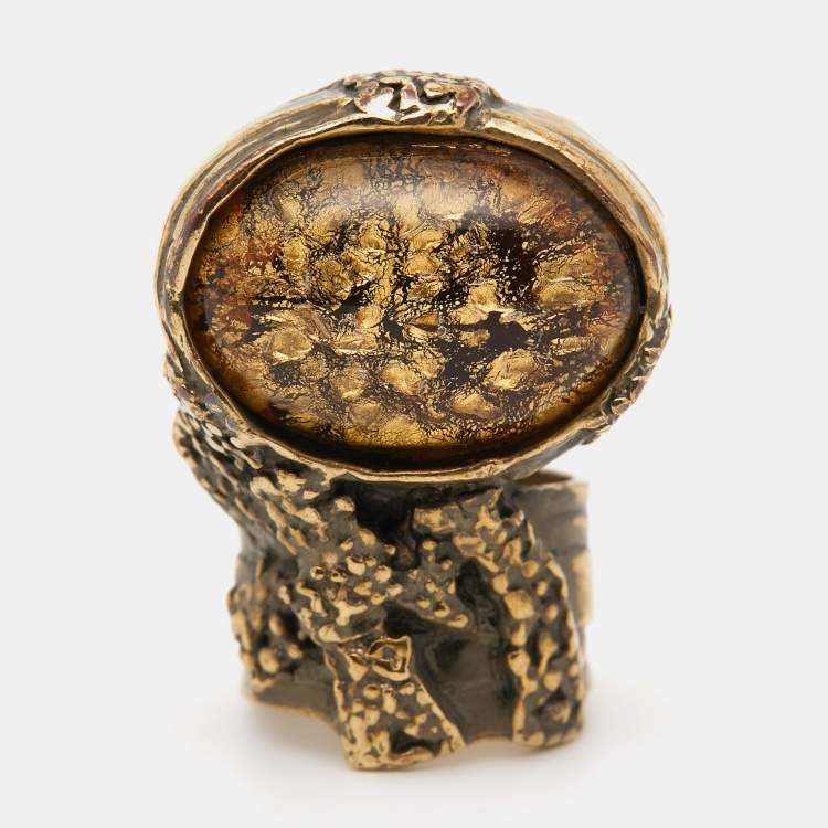 Pre Owned Yves Saint Laurent Arty Glass Cabochon Gold Tone Ring Size EU 54.5
