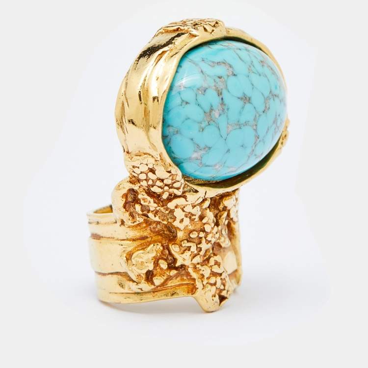 Pre Owned Yves Saint Laurent Gold Tone Turquoise Cabochon Arty Ring Size EU 49