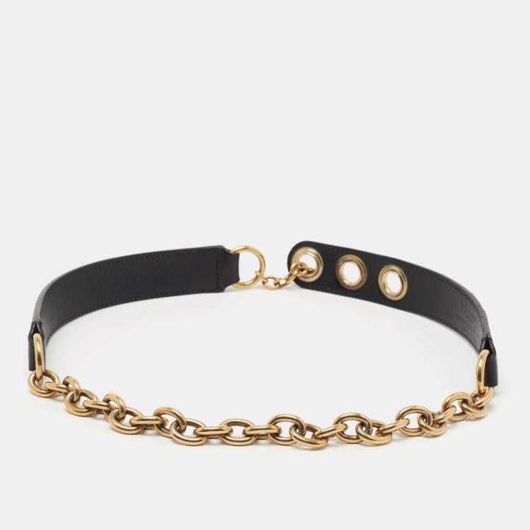 Pre Owned Yves Saint Laurent Black Leather Chain Detail Waist Belt 80CM