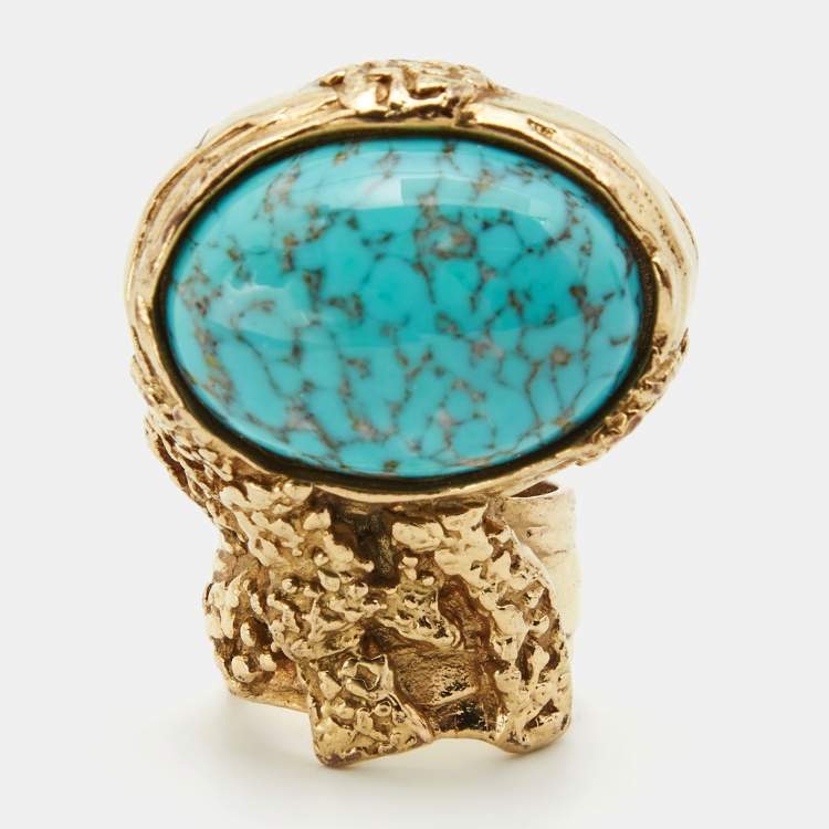 Pre Owned  Yves Saint Laurent Arty Glass Cabochon Gold Tone Ring Size 52