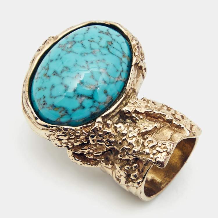 Pre Owned  Yves Saint Laurent Arty Glass Cabochon Gold Tone Ring Size 52
