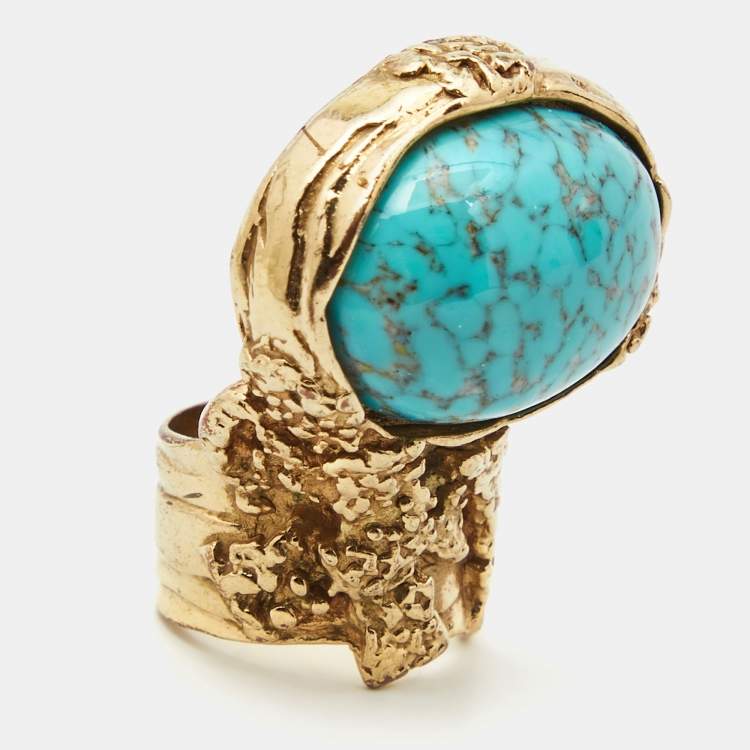Pre Owned  Yves Saint Laurent Arty Glass Cabochon Gold Tone Ring Size 52