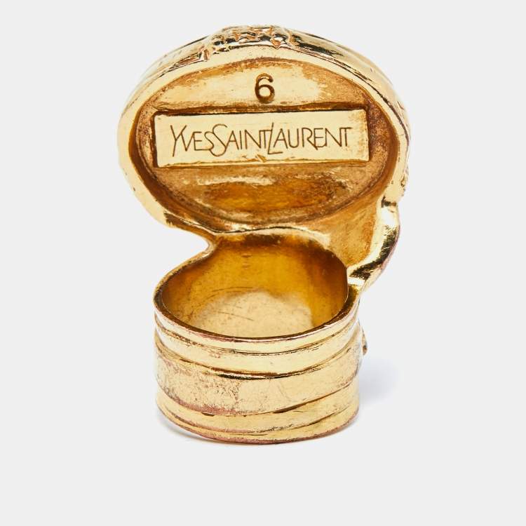 Pre Owned Saint Laurent Turquoise Glass Gold Tone Arty Ring Size 52