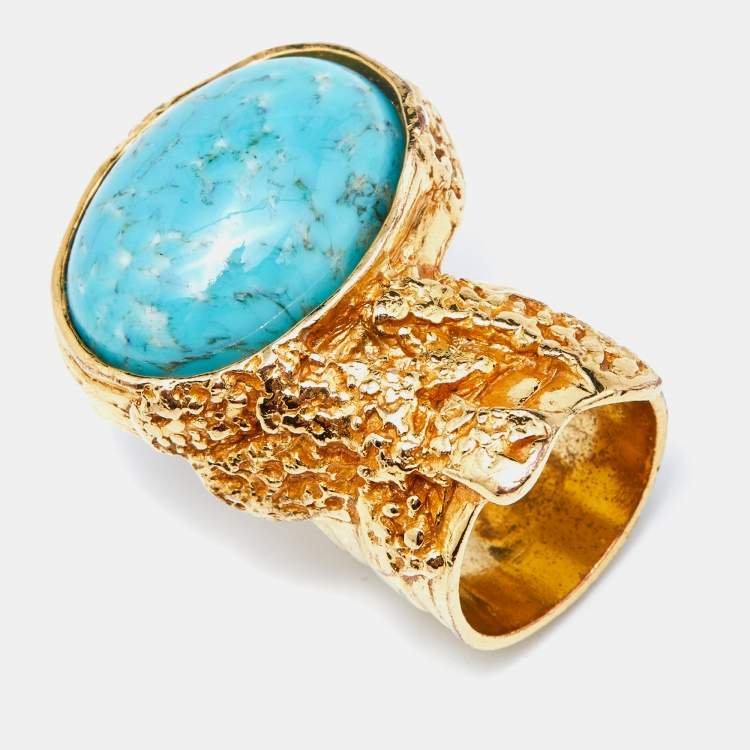 Pre Owned Saint Laurent Turquoise Glass Gold Tone Arty Ring Size 52