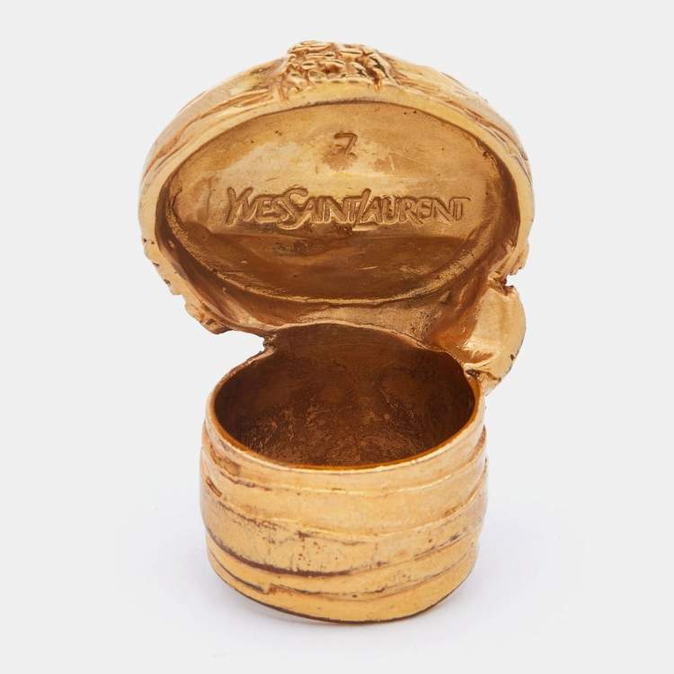 Pre Owned Yves Saint Laurent Gold Tone Blue Glass Cabochon Arty Ring Size EU 54.5