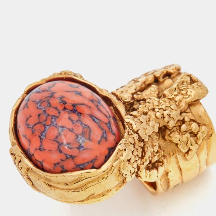 Pre Owned Yves Saint Laurent Gold Tone Coral Cabochon Arty Ring Size EU 54.5