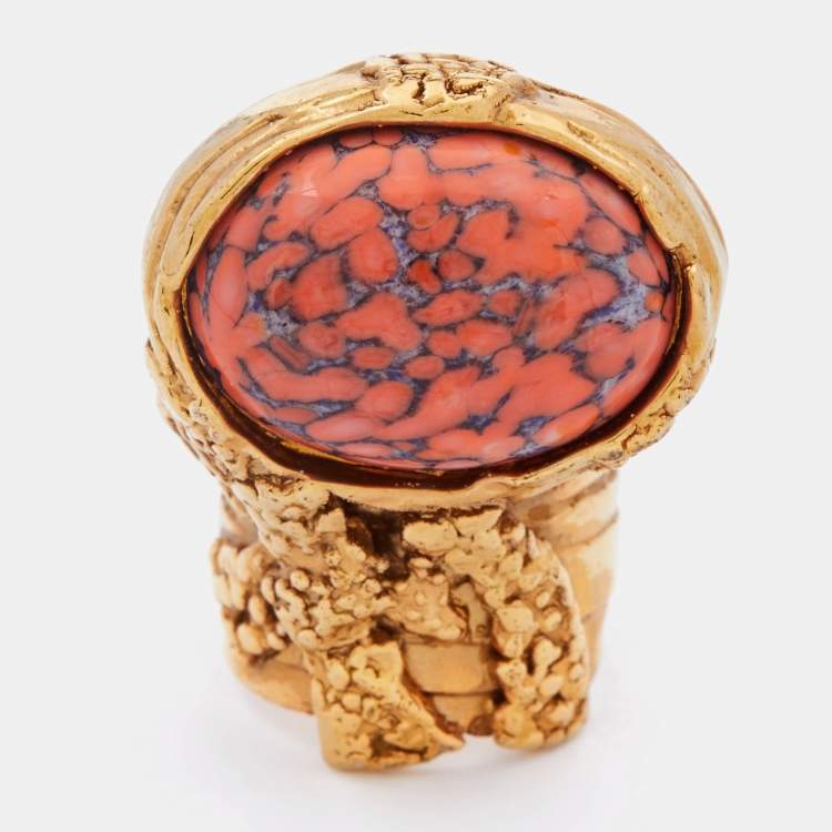 Pre Owned Yves Saint Laurent Gold Tone Coral Cabochon Arty Ring Size EU 54.5