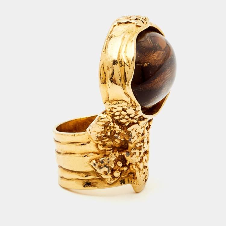 Pre Owned Yves Saint Laurent Arty Glass Gold Tone Ring Size 55
