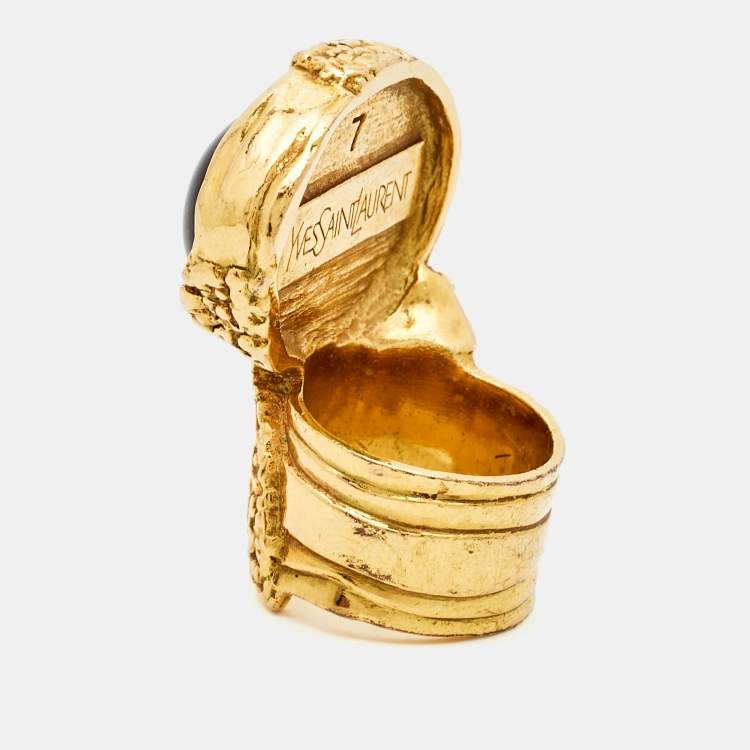 Pre Owned Yves Saint Laurent Arty Glass Gold Tone Ring Size 55