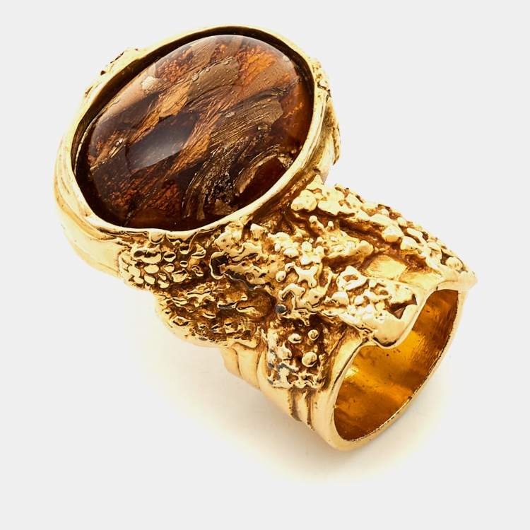 Pre Owned Yves Saint Laurent Arty Glass Gold Tone Ring Size 55