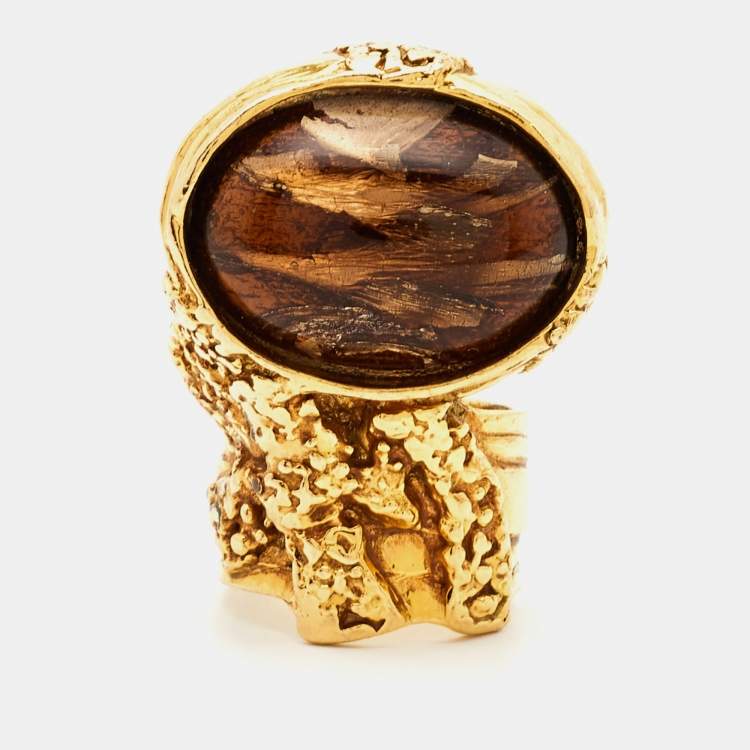 Pre Owned Yves Saint Laurent Arty Glass Gold Tone Ring Size 55