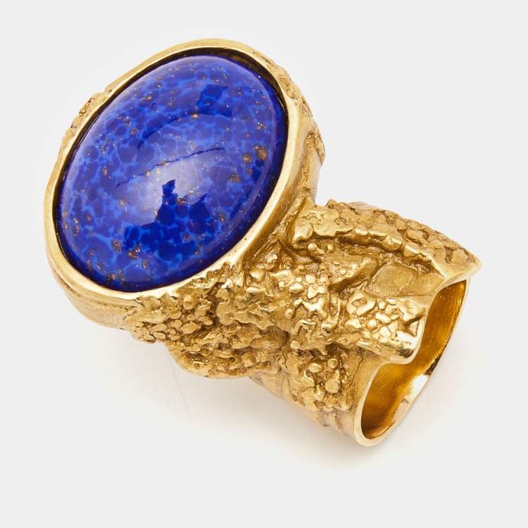 Pre Owned Yves Saint Laurent Arty Glass Gold Tone Ring Size 55