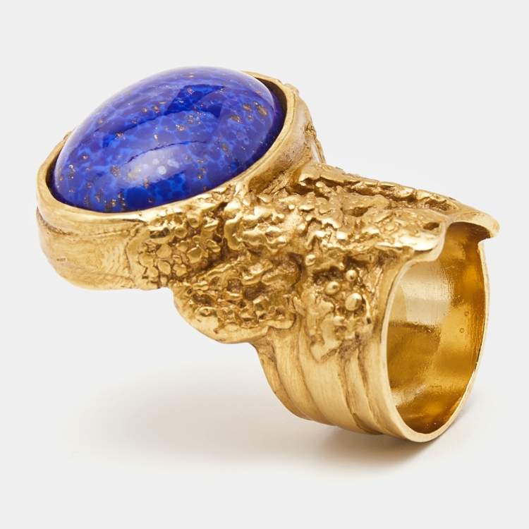 Pre Owned Yves Saint Laurent Arty Glass Gold Tone Ring Size 55