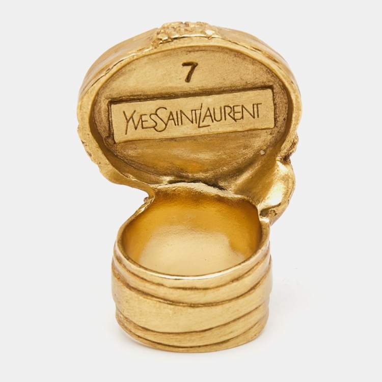 Pre Owned Yves Saint Laurent Arty Glass Gold Tone Ring Size 55