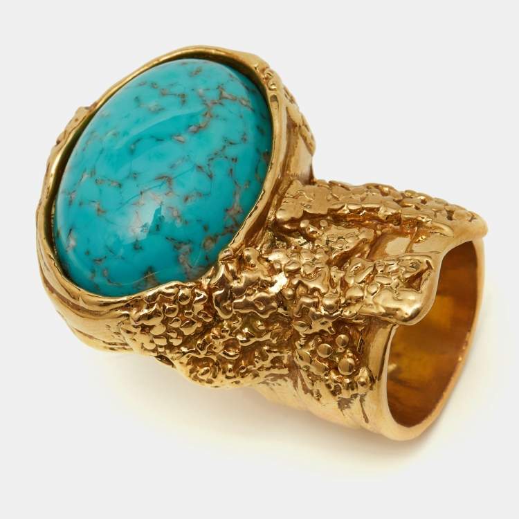 Pre Owned Saint Laurent Arty Glass Cabochon Gold Tone Ring Size 53