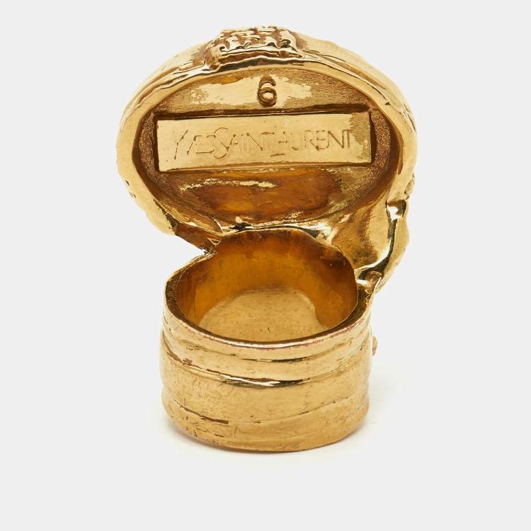 Pre Owned Saint Laurent Arty Glass Cabochon Gold Tone Ring Size 53
