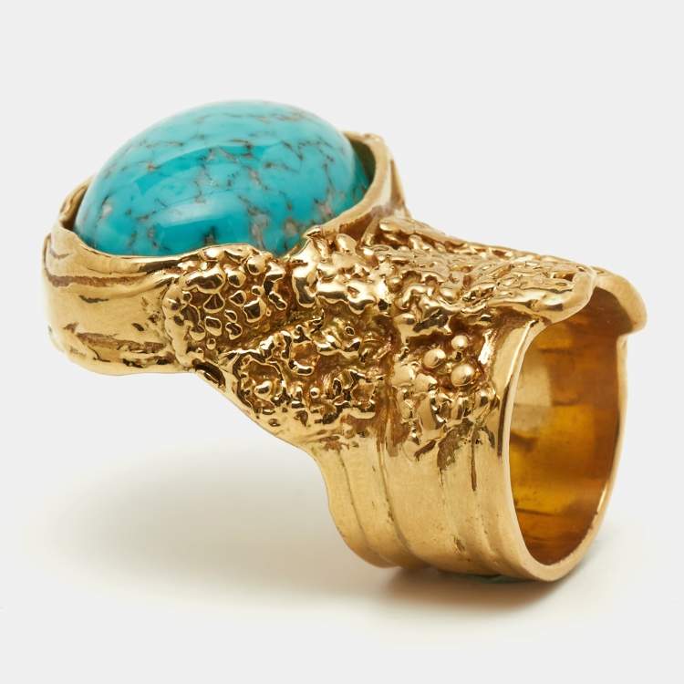 Pre Owned Saint Laurent Arty Glass Cabochon Gold Tone Ring Size 53