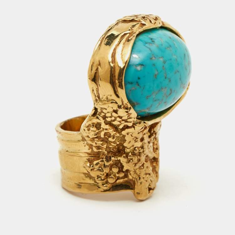 Pre Owned Saint Laurent Arty Glass Cabochon Gold Tone Ring Size 53