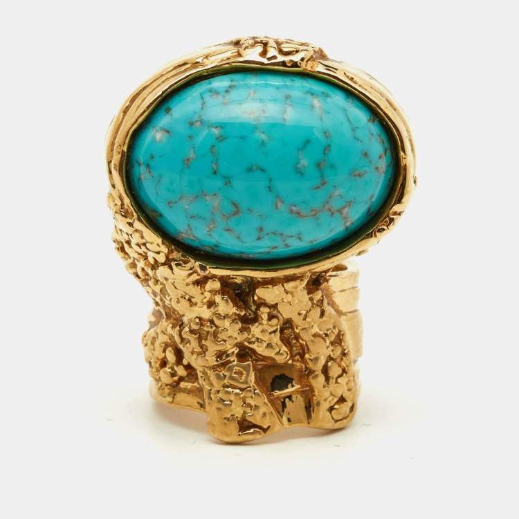 Pre Owned Saint Laurent Arty Glass Cabochon Gold Tone Ring Size 53