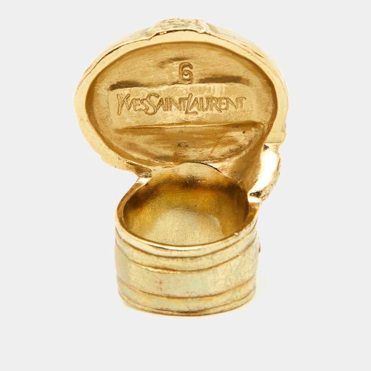Pre Owned Yves Saint Laurent Gold Tone Glass Cabochon Arty Ring Size EU 52