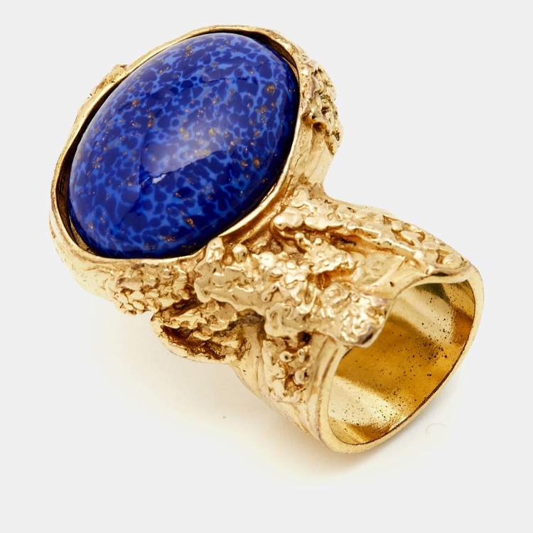Pre Owned Yves Saint Laurent Arty Glass Gold Tone Ring Size 57