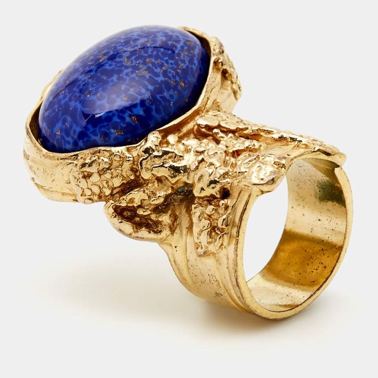 Pre Owned Yves Saint Laurent Arty Glass Gold Tone Ring Size 57
