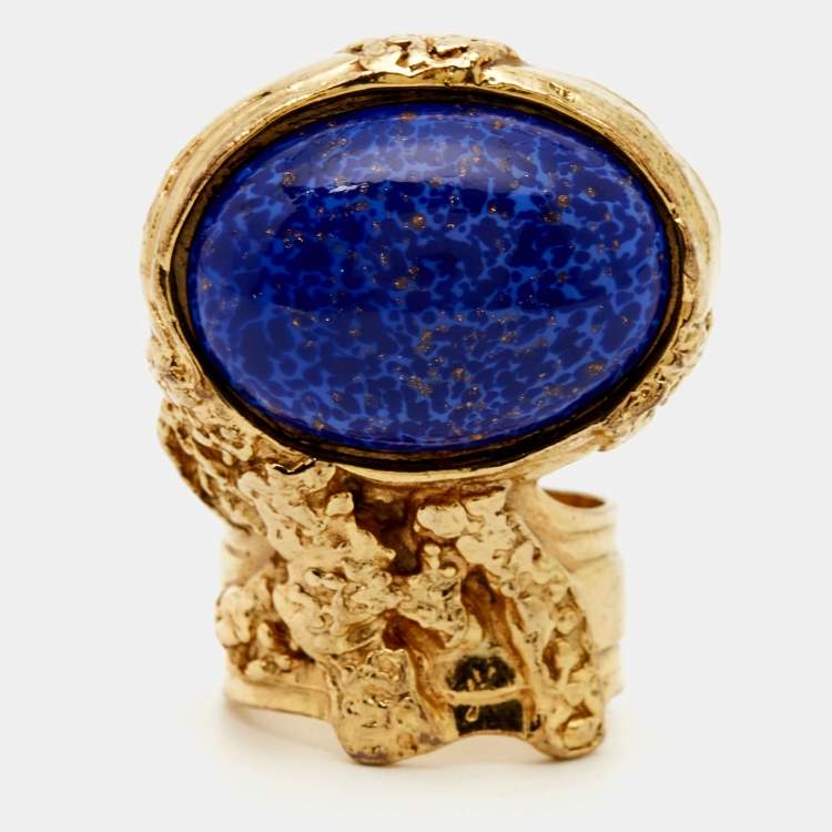 Pre Owned Yves Saint Laurent Arty Glass Gold Tone Ring Size 57