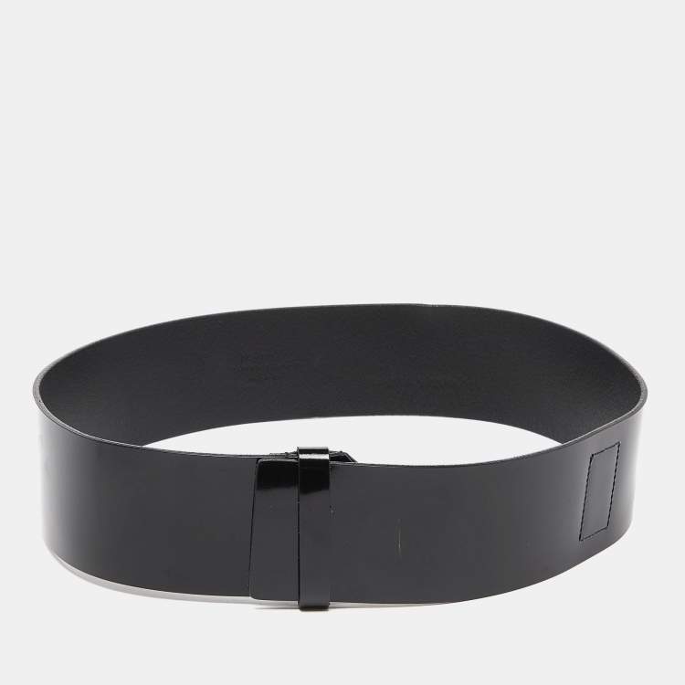 Pre Owned Yves Saint Laurent Black Glossy Leather Buckle Wide Belt 80CM