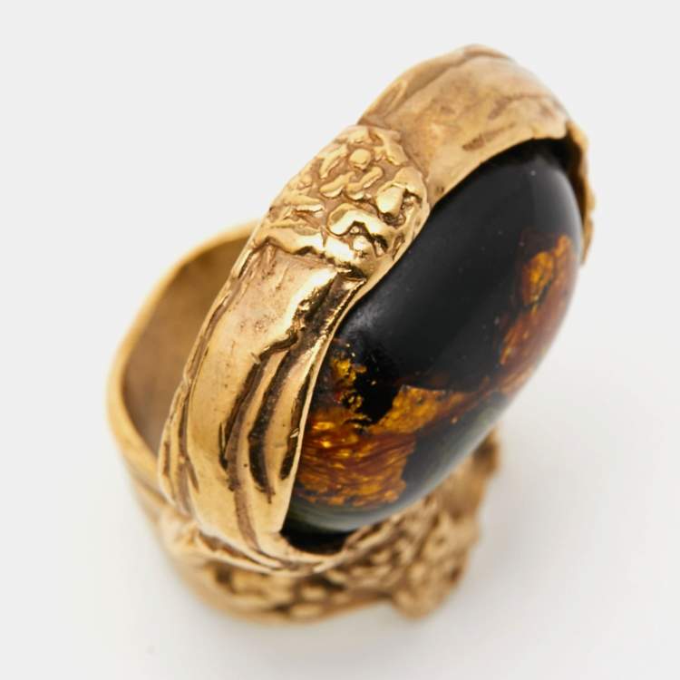 Pre Owned Yves Saint Laurent Arty Glass Gold Tone Ring Size 52